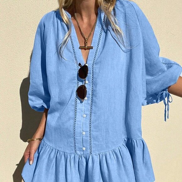 Dresses & Skirts - Baby Blue Cute Women's Summer Cotton Linen Ruffled Hem Dress